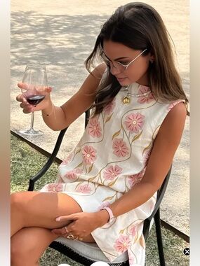 Sleeveless White Shift Dress with Pink Floral Linen-look